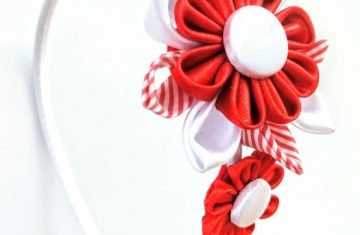 Diadema kanzashi artesanal en rojo y blanco