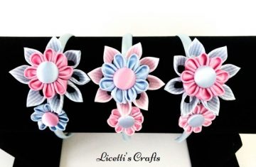 Diademas kanzashi celeste rosa hechas a mano