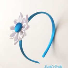 Diadema kanzashi flor blanca y turquesa