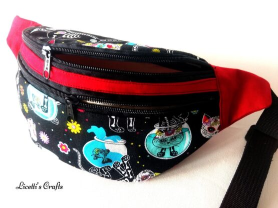 bolsillos riñonera algodón gatos calavera y peceras
