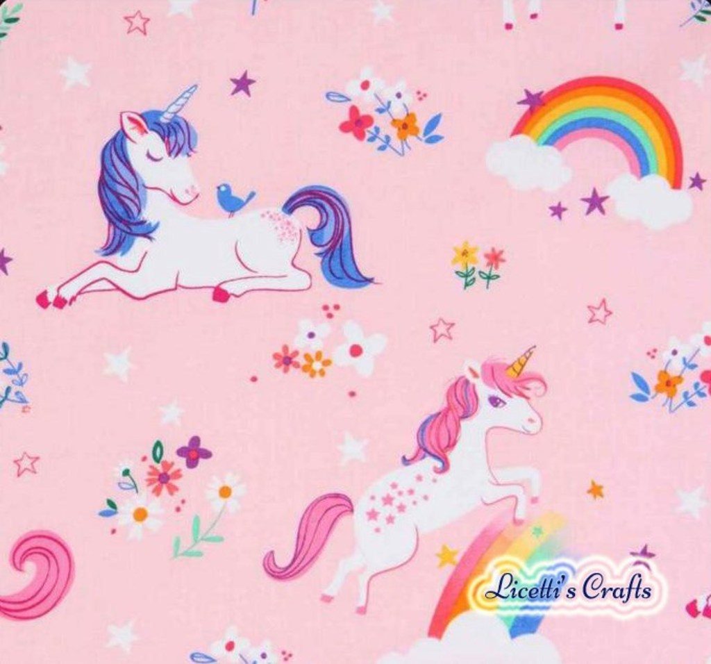 tejido algodón unicornio arcoiris rosa