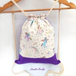 mochila artesanal de algodón unicornio arcoiris