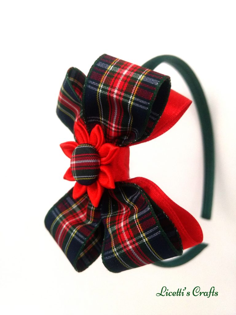 diadema artesanal cuadros rojo y verde