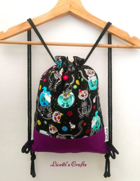 mochila cuerdas infantil hecha a mano gato calavera