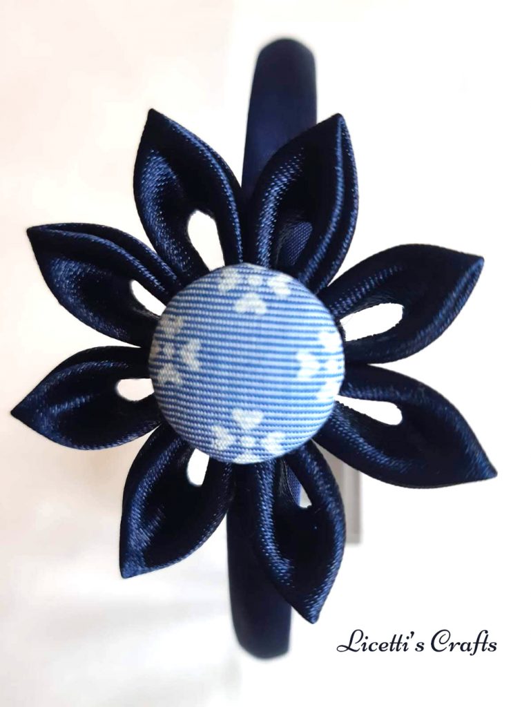 Diadema infantil "Flor azul marino botón rayas" - Imagen 2