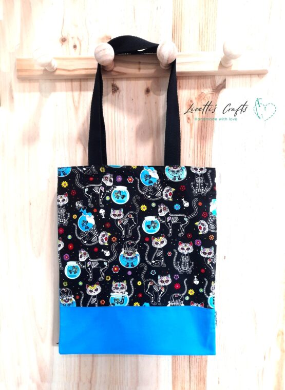 tote bag gatos calavera base turquesa