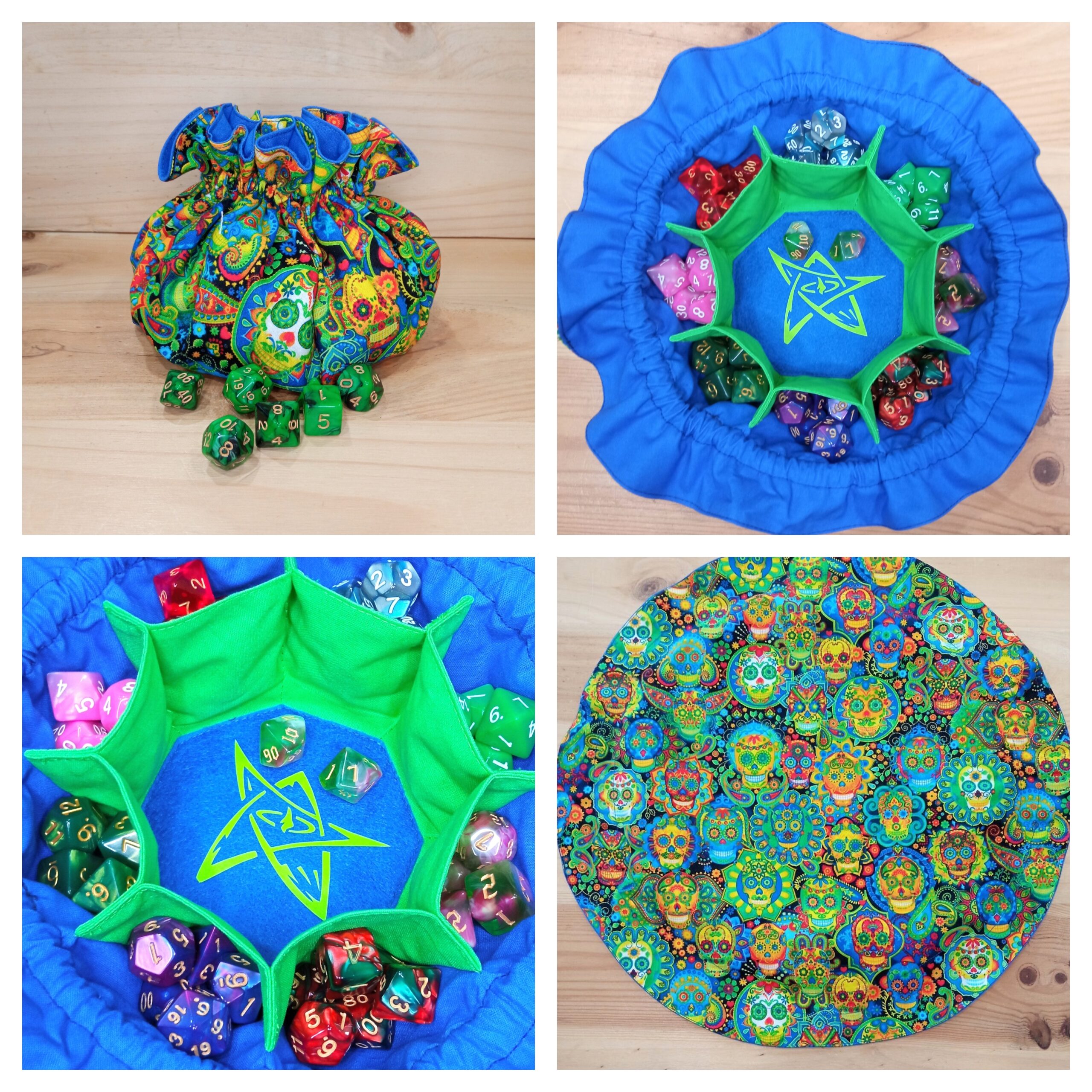 Saco y bandeja de dados calavera multicolor símbolo arcano