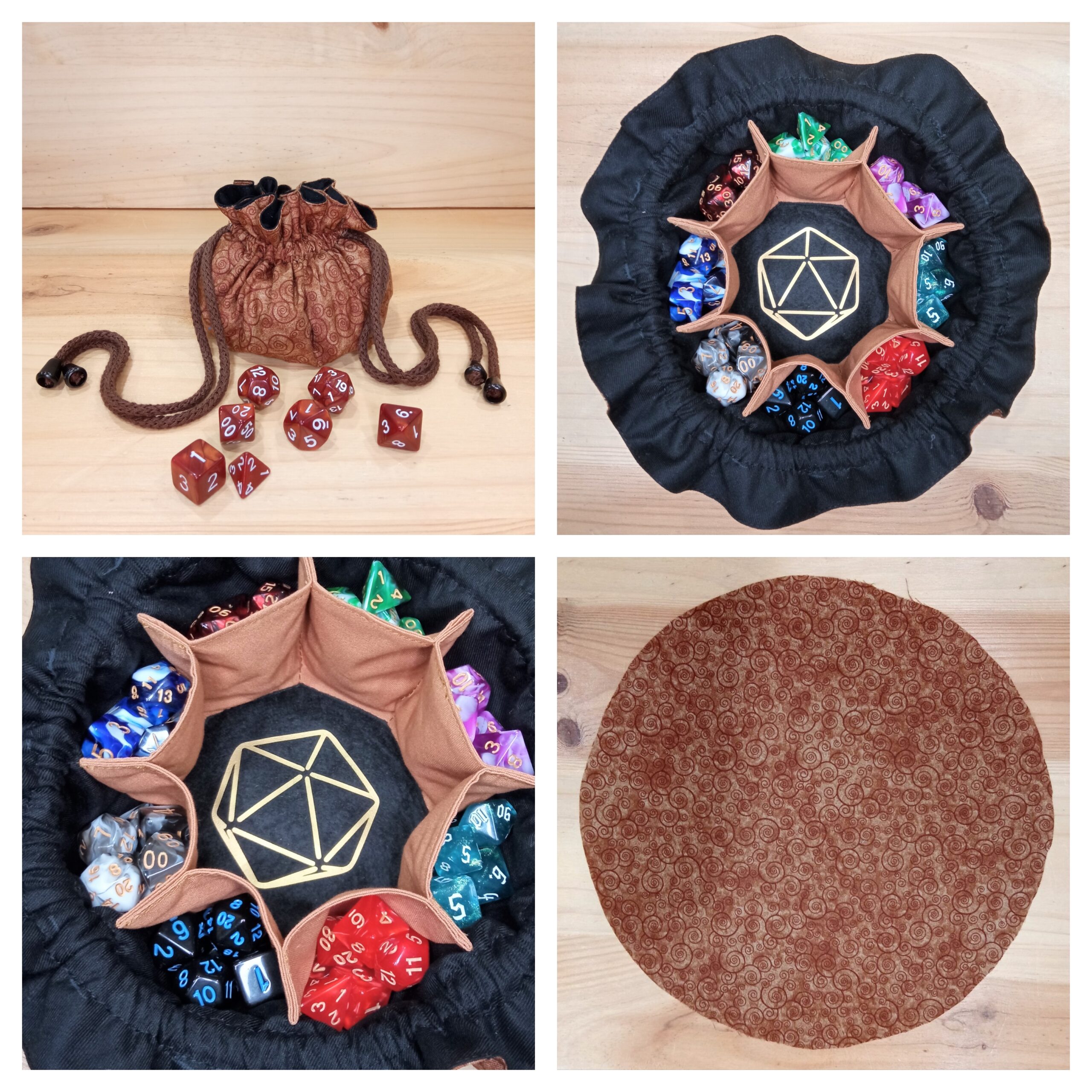 Saco y bandeja de dados remolino marrón logo d20