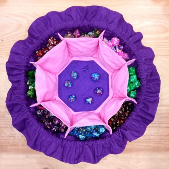 Bolsa de dados con bolsillos y bandeja rosa y morado