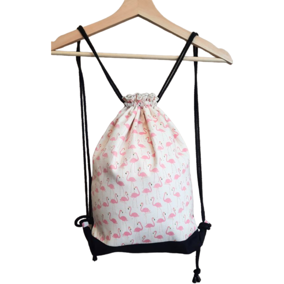 Mochila grande cuerdas tela "Flamencos rosas"