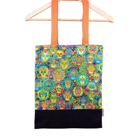 Tote bag tela "Calavera multicolor asa naranja"