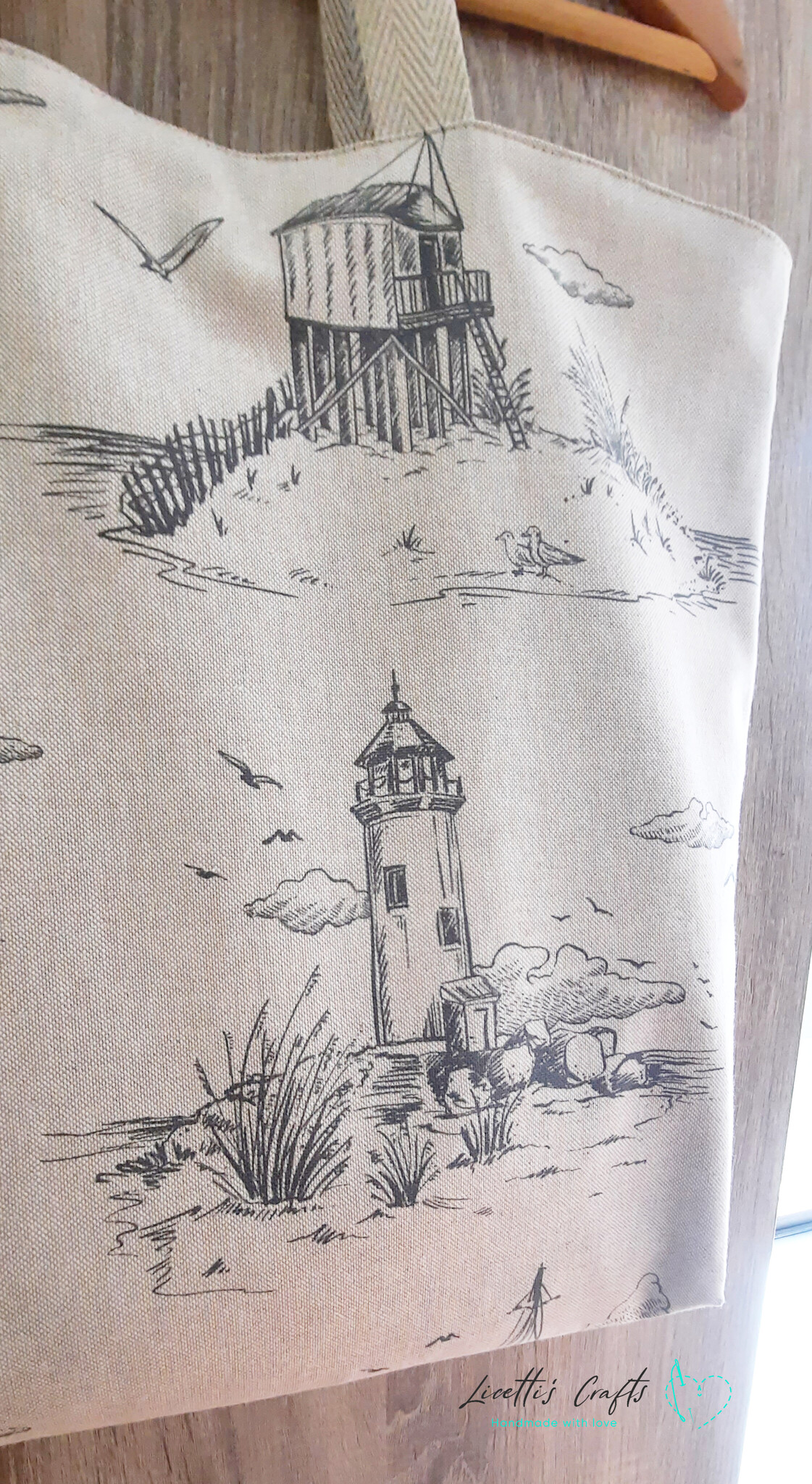 Bolsa de playa grande hecho a mano en España - Faro y gaviotas - Imagen 2