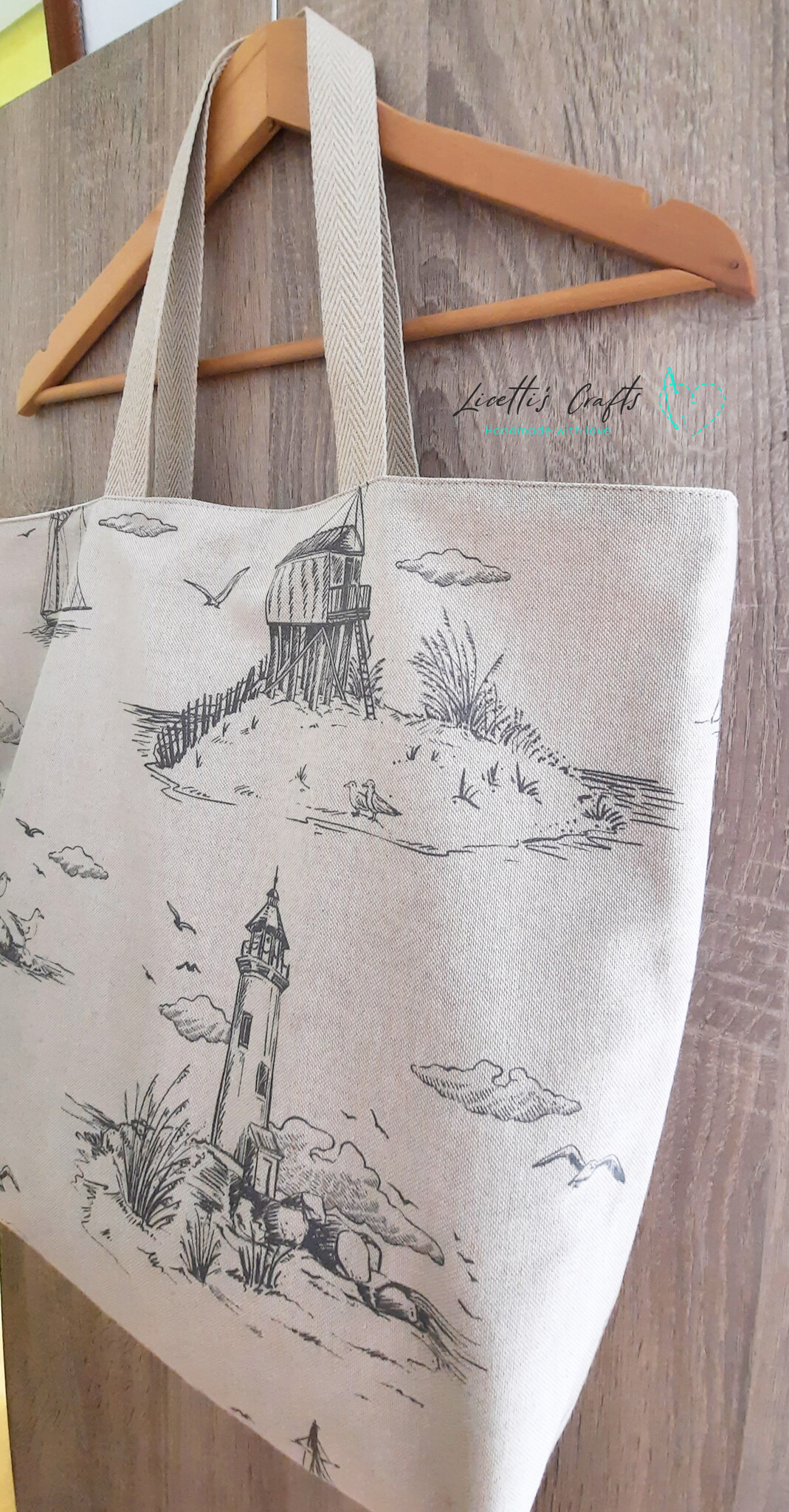 Bolsa de playa grande hecho a mano en España - Faro y gaviotas - Imagen 5