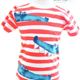 Camiseta de cocodrilos para niños en algodón pima – Rayas rojas y blancas