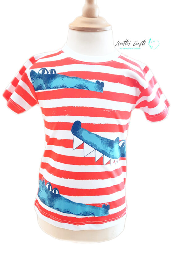 Camiseta de cocodrilos para niños en algodón pima – Rayas rojas y blancas