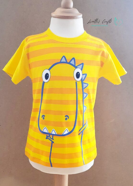 Camiseta de dinosaurio para niños en algodón pima – Amarillo con rayas naranjas
