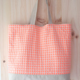 Bolsa Tote Bag Grande de Tela Vichy Naranja Flúor | Modelo Tote XL