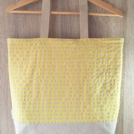 Bolsa tote bag grande de tela vichy amarillo flúor y beige natural hecha a mano