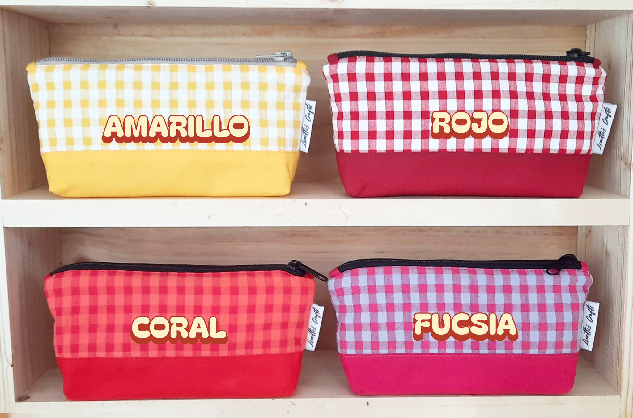 Estuches neceseres pequeños de tela vichy en amarillo, rojo, coral y fucsia